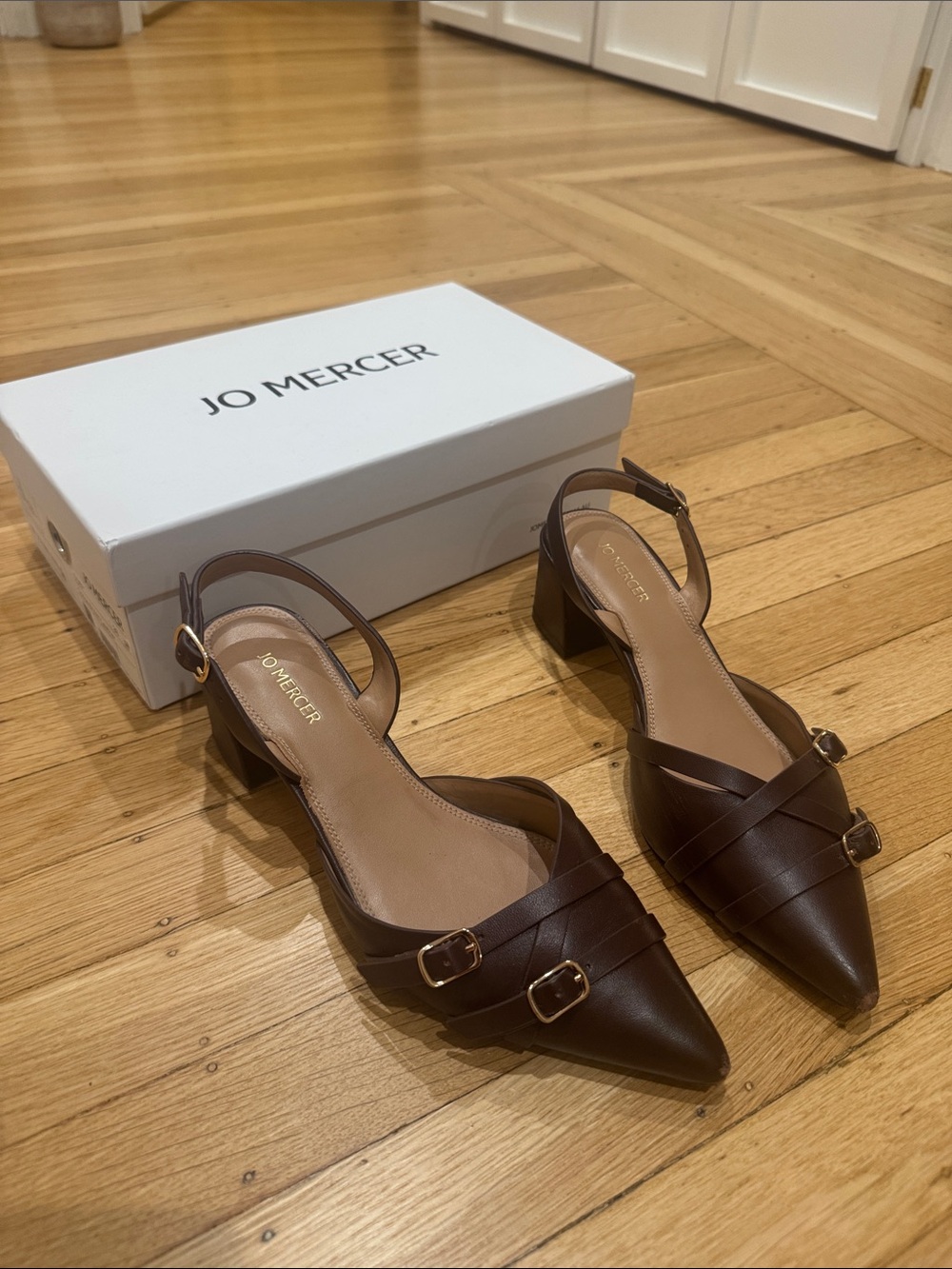 Jo Mercer Dark Brown Pointed Leather Slingback Heels with Buckles